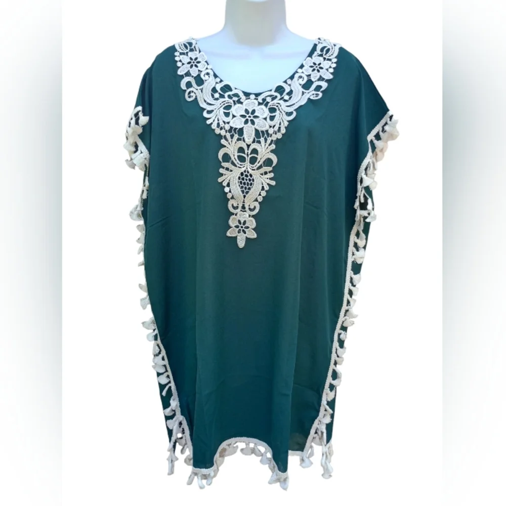 NWT Hunter Green Lace Fringe Tassel Beach Swim Poncho Cover Up Large